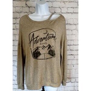 MMMMMM Large Pull Over Raglan Crew Neck Sweatshirt Tan "Adventure Awaits"